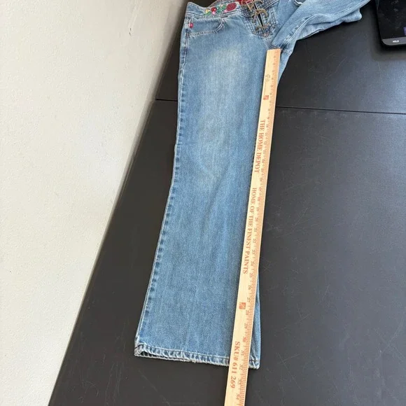 Y2K Hollister Boot Cut Flare Jeans Womens 8R Lace Up Fly Floral Embroidered RARE - Picture 12 of 16